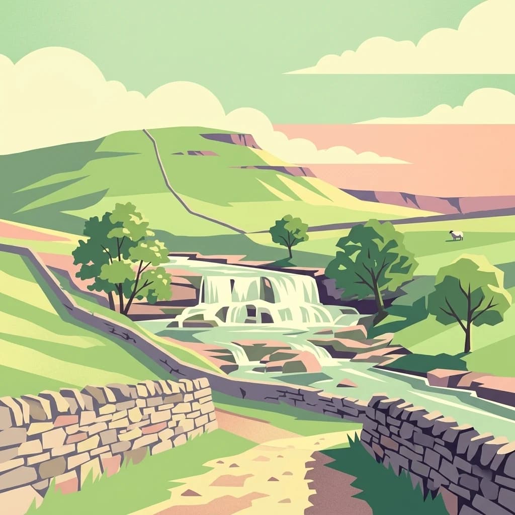 Illustration of a waterfall in a valley with stone walls, green hills, and a path