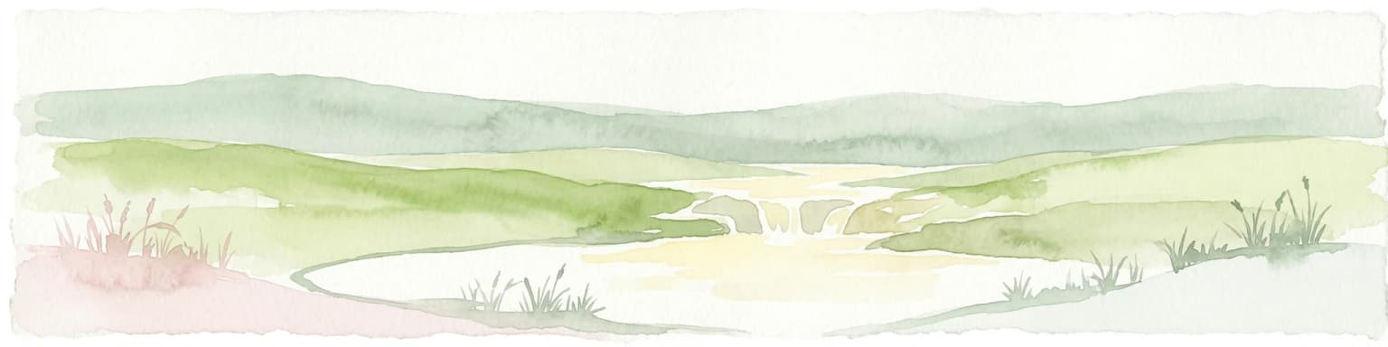 Watercolor painting of green hills, a stream, and grassy areas