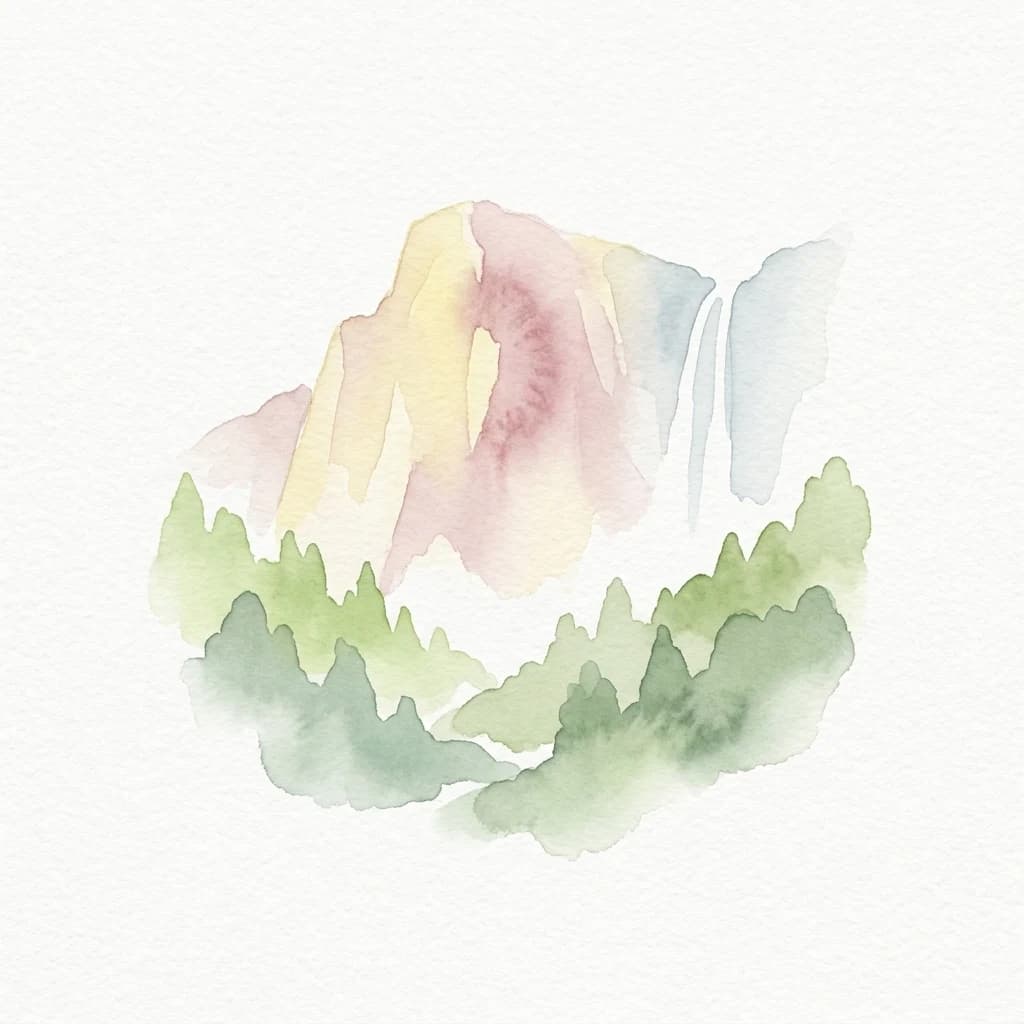 Watercolor painting showing a mountain with a waterfall and surrounding forest