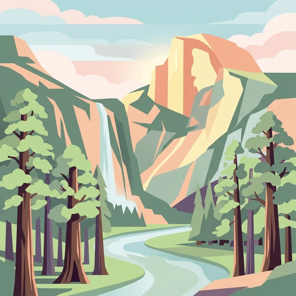 Ilustración estilizada de una montaña con una cascada, un bosque y un río en un paisaje panorámico