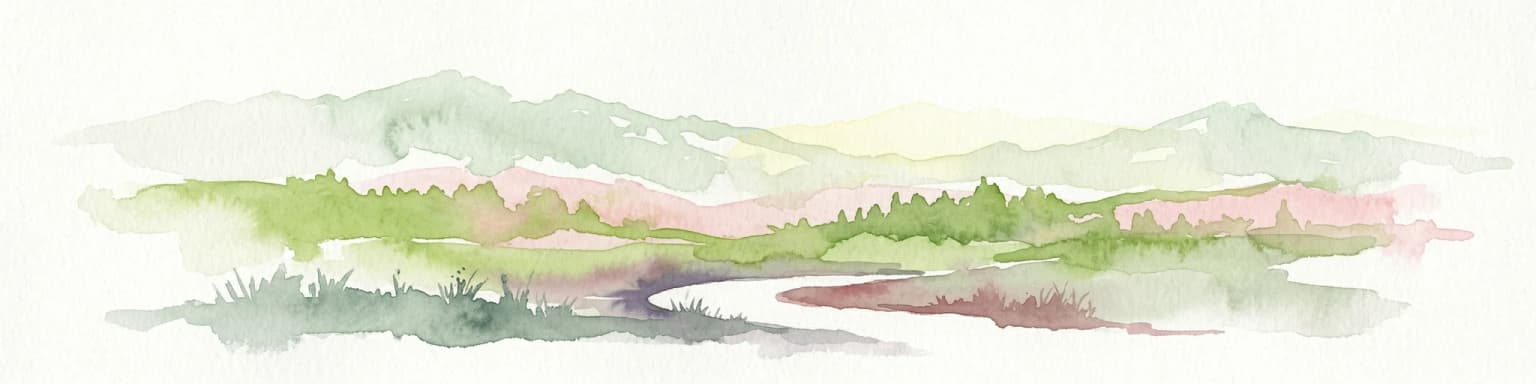 Watercolor painting showing mountains, a winding river, and green forests in the foreground and background