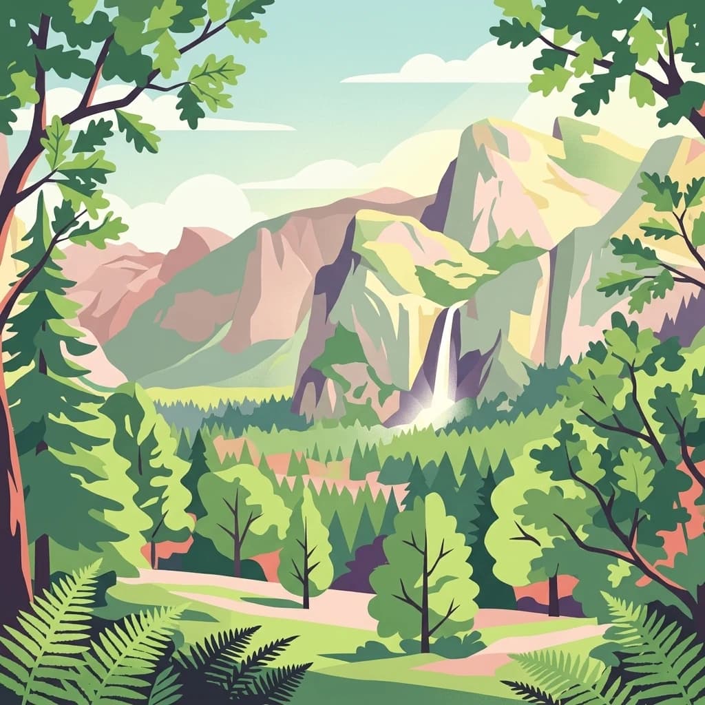 Illustration showing mountain range with waterfall, forest, and path