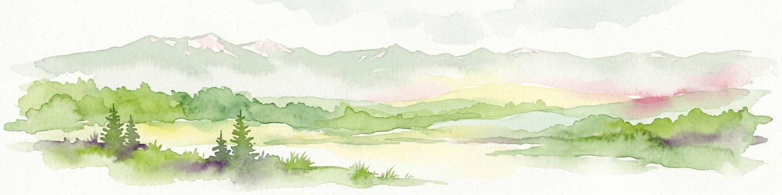 Watercolor painting of a mountainous landscape with green forests, a river, and distant peaks