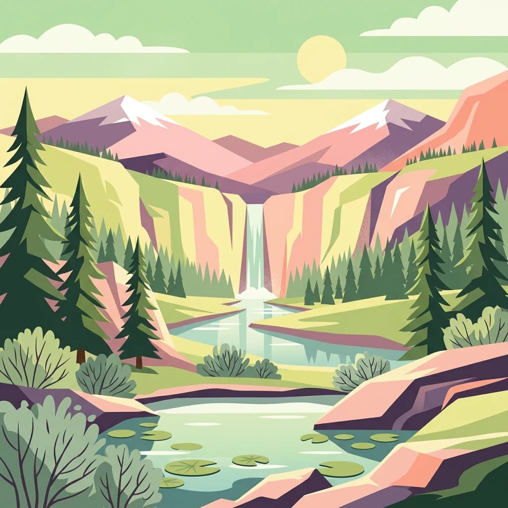 Digital illustration showing a waterfall in a mountainous landscape with pine trees, lily pads in a pond, and mountains with snow caps in the background