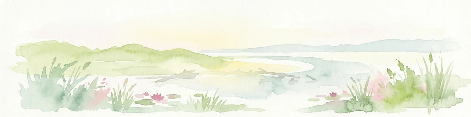 Watercolor illustration of a river landscape with green hills, reeds, and water lilies