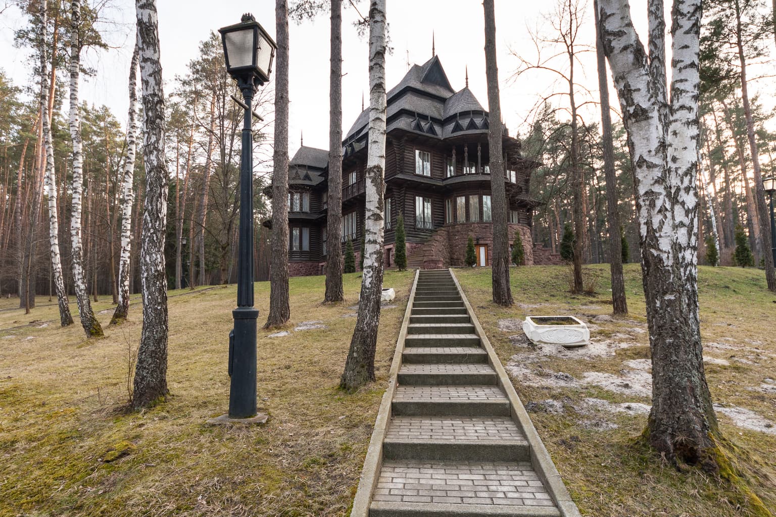 Stone staircase leading to a wooden house in a forest with birch trees and a lamppost