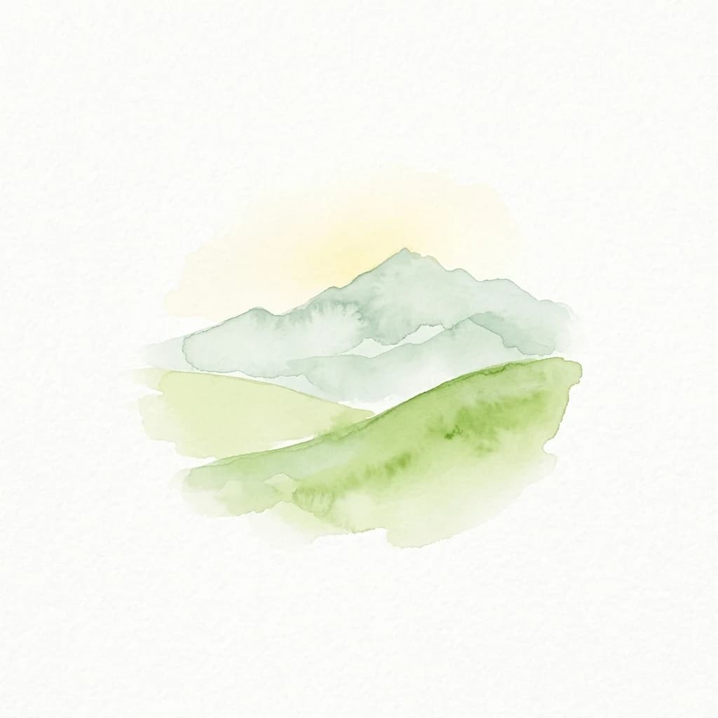 Watercolor illustration showing green hills and blue mountains against a yellow sky