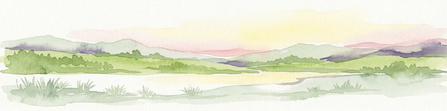 Watercolor illustration of a mountainous landscape with green fields, a river, and a sunset sky