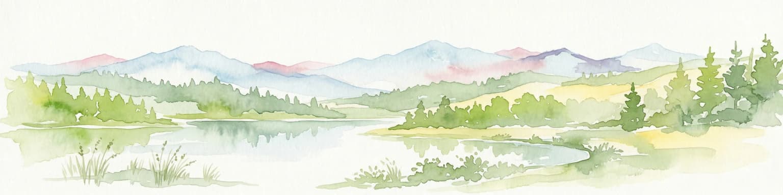 Watercolor illustration of a lake surrounded by forests and mountains under a light sky