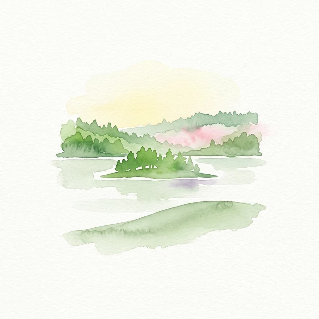 Watercolor illustration showing a landscape with lakes, green forested hills, and a light sky