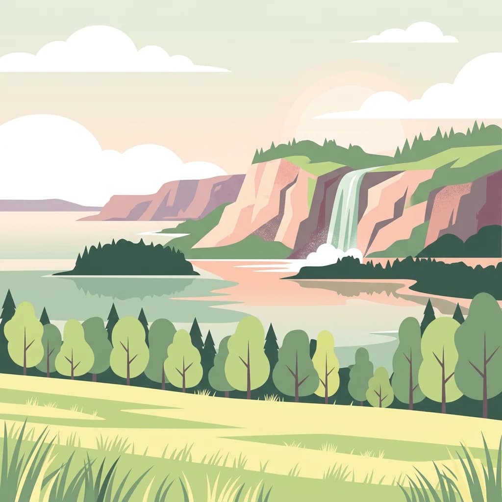 Stylized illustration of a waterfall, cliffs, lake, and forested landscape with grassy foreground