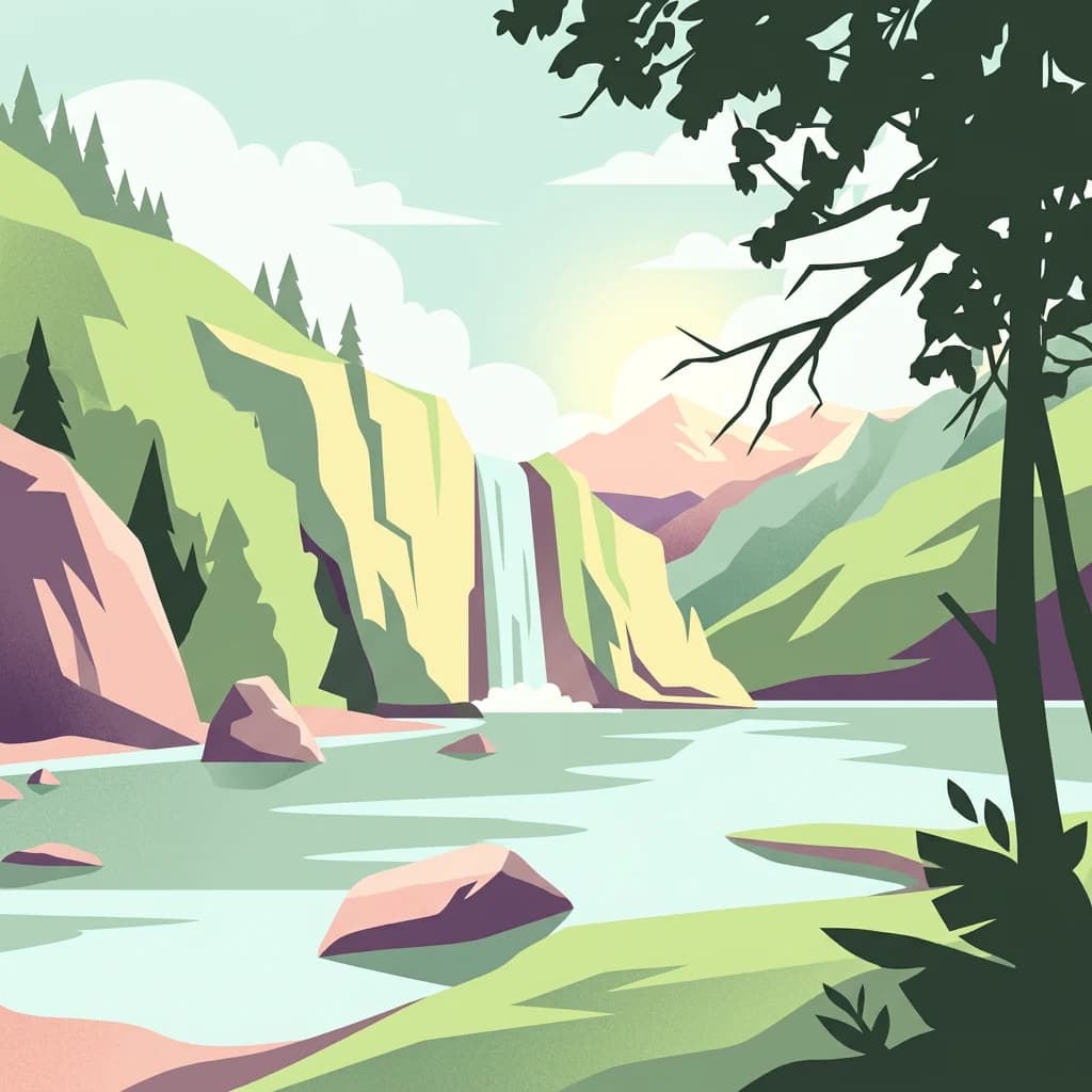 Stylized illustration of a waterfall flowing into a lake, surrounded by mountains, trees, and rocks
