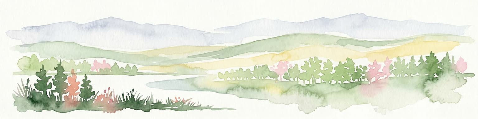 Watercolor illustration showing rolling hills, a river, trees, and distant mountains
