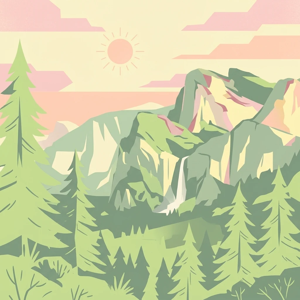 Stylized illustration of a mountainous landscape with pine trees, a waterfall, and a sun in the sky