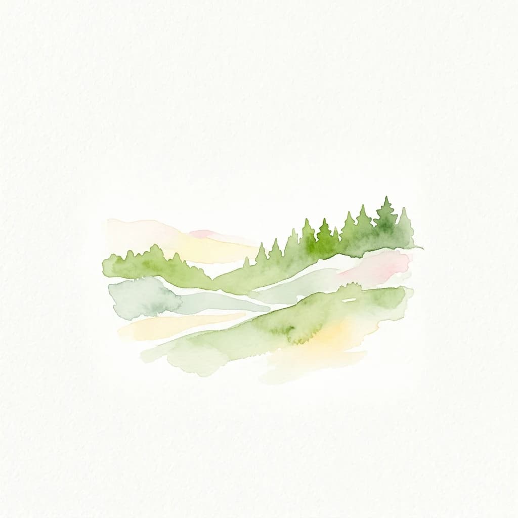 Watercolor painting showing a landscape with green trees, light blue water, and soft pastel hills
