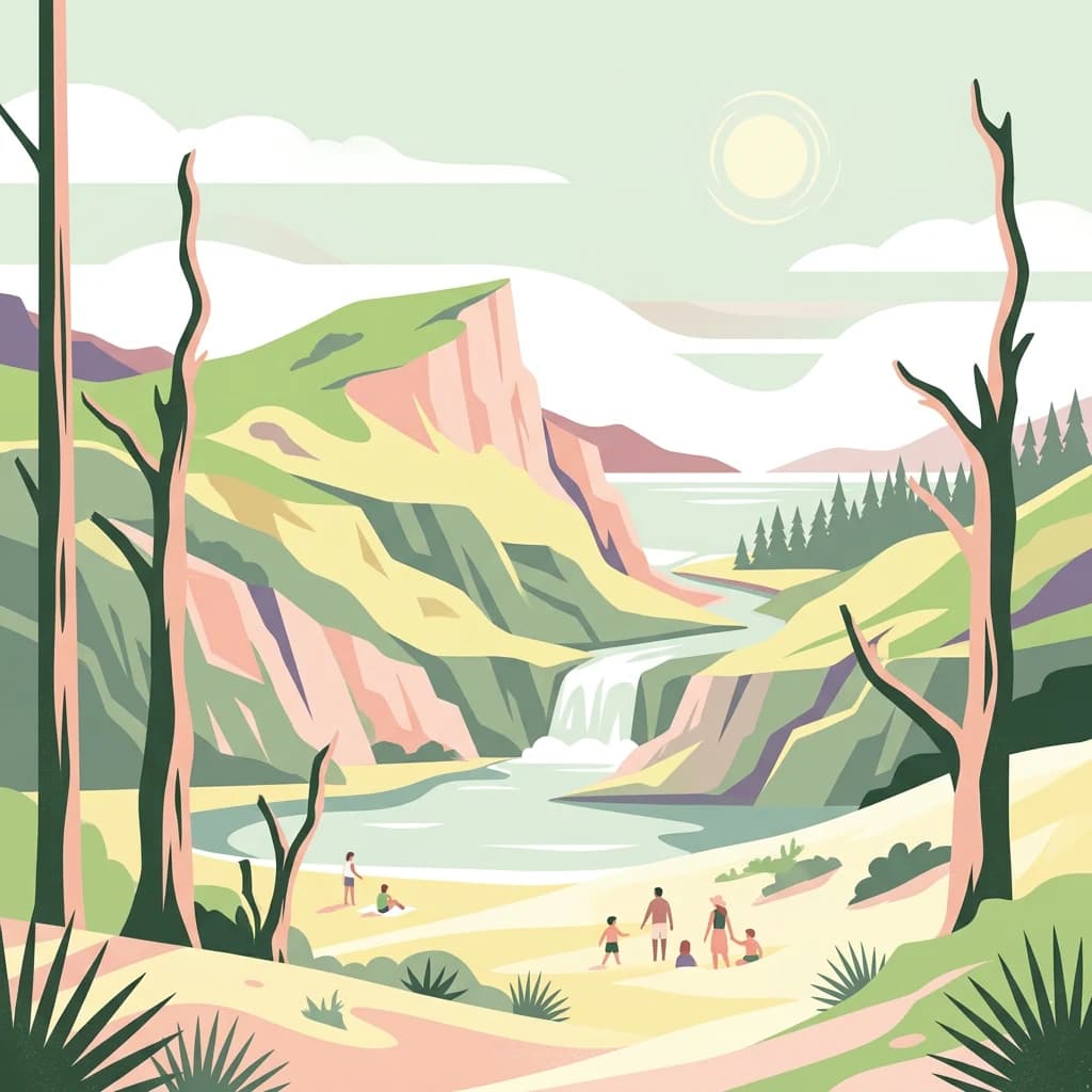 Illustration of a mountainous landscape with cliffs, a waterfall, trees, and people walking on a path.