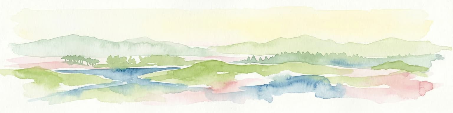 Watercolor depiction of rolling coastal dunes, blue waterways, green vegetation, and distant hills under a light sky