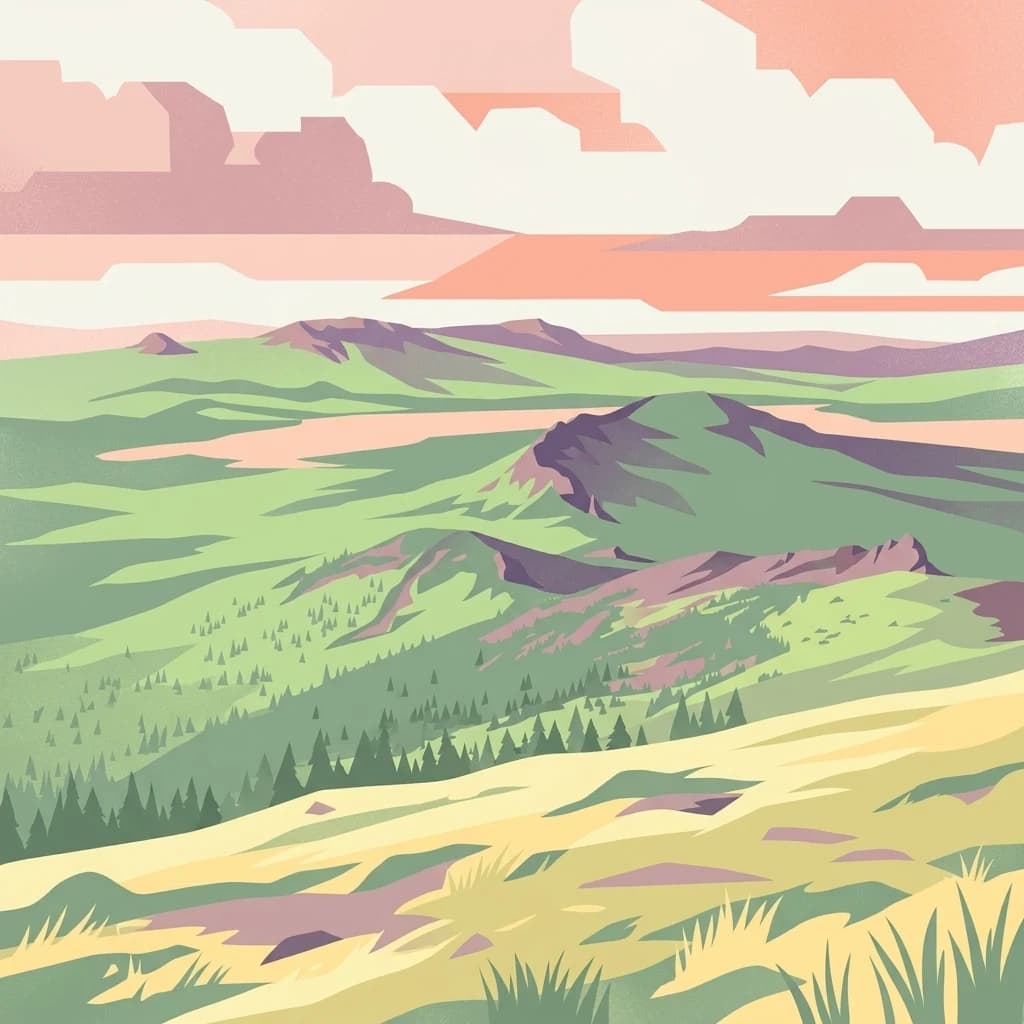Illustration of green hills and mountains under a pink sky
