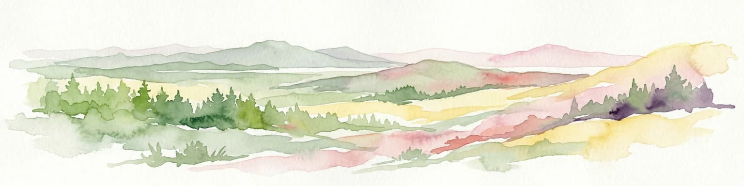 Watercolor illustration depicting rolling hills, green forests, and distant mountains under a pale sky